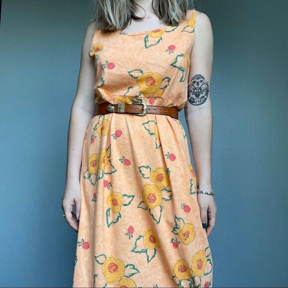 Vintage 90s Styleworks Novelty Fruit Peach Summer Maxi Tank Cotton Dress Sz L - Picture 11 of 14